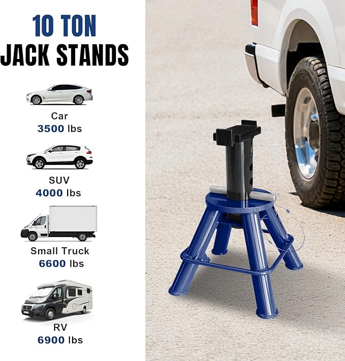 TCE 10 Ton (20,000 lb) Capacity Heavy Duty Steel Jack Stands, Low Profile, 2 Pack, T70070, Blue