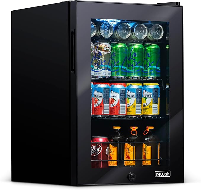 NewAir 90 Can Beverage Refrigerator | Freestanding Small Mini Fridge for Bedroom, Home Bar or Office | Adjustable Shelves, Quiet Cooling & Locking Door | Black