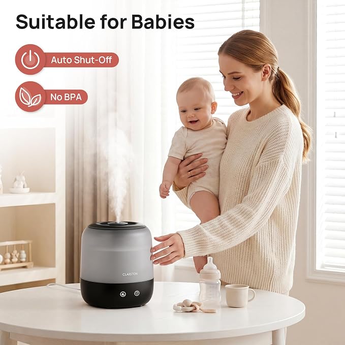 Clarston Humidifiers for Bedroom, 2L Top Fill with 360° Nozzle for Large Room, 7-Color Night Light, 24dB Quiet Cool Mist Air Humidifier for Baby Nursery & Plants, No BPA, Auto Shut Off, Easy to Clean