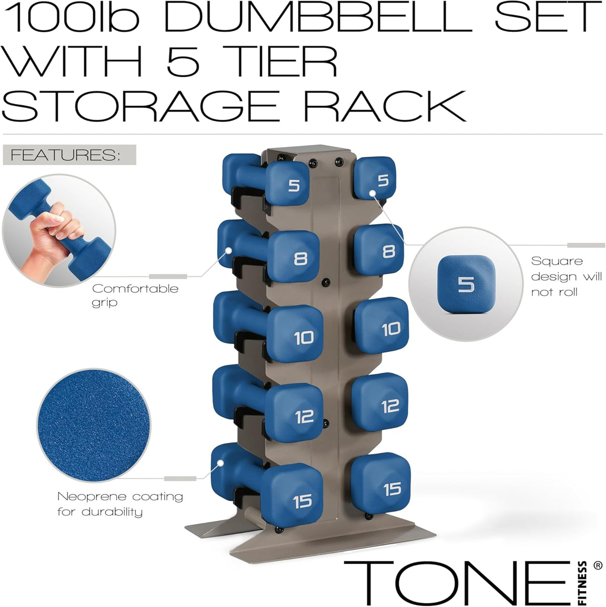Tone Fitness Neoprene Dumbbell Set - Non-Slip, Anti-Roll Hand Weights for Home Gym | 20 lb to 100 lb Options