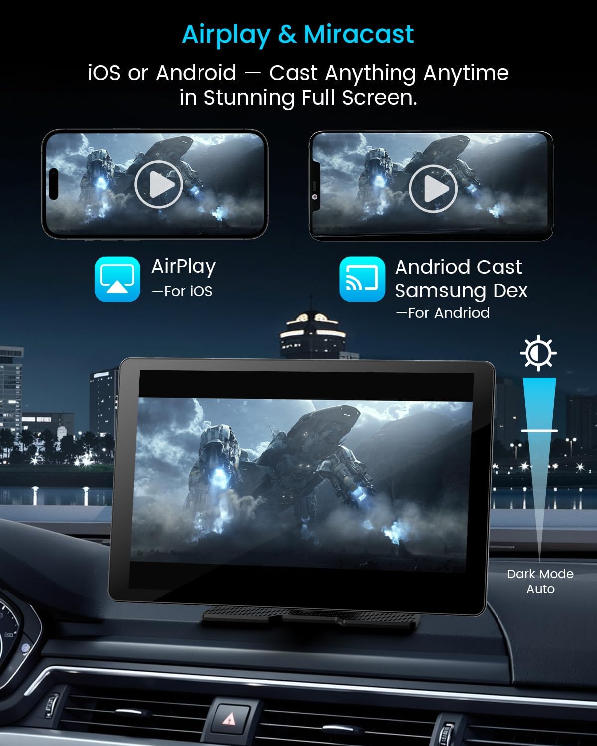 11" Extra Large Wireless Apple CarPlay Screen for Car – Ultra-Slim 0.16 Inch Touchscreen Car Stereo with Android Auto, 4K Dash Cam, 1080p Backup Camera, GPS, Mirror Link, Voice Control