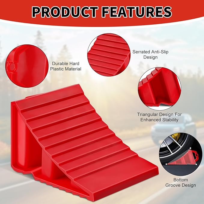 Wheel Chocks for Trailers, 4 Pack Hard Plastic RV Wheel Chocks with Handles for Easy Removal, Tire Chock for Cars Wheels, Keep Your Truck or Camper in Place