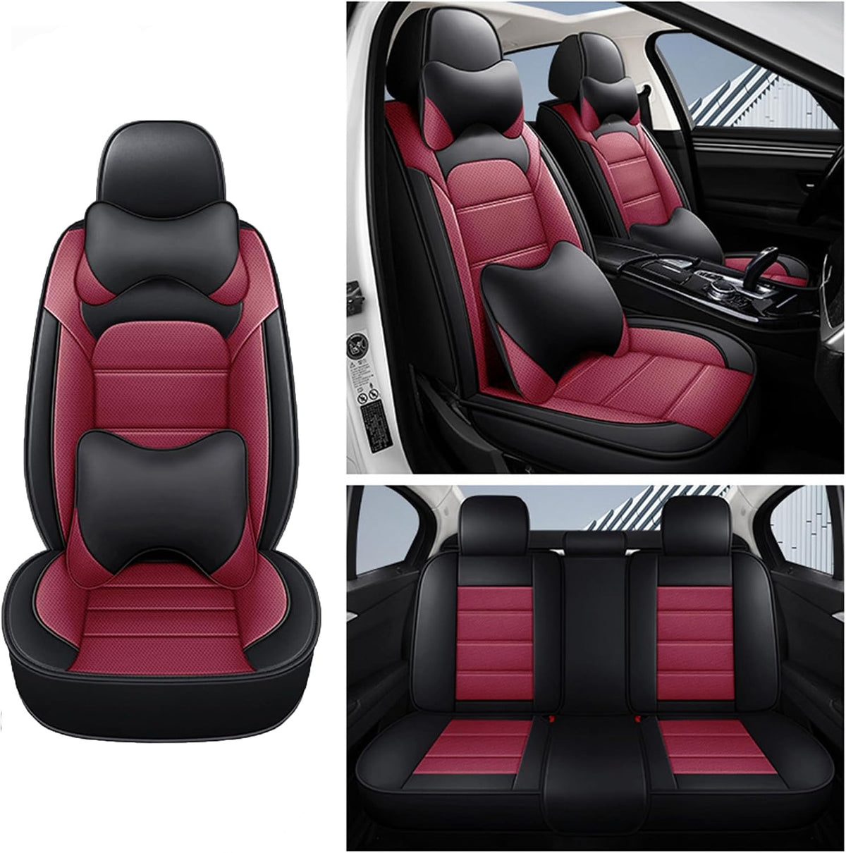 YQ Faux Leather Seat Covers Black Red Full Set w/ 2 Pillows Universal 2 Row