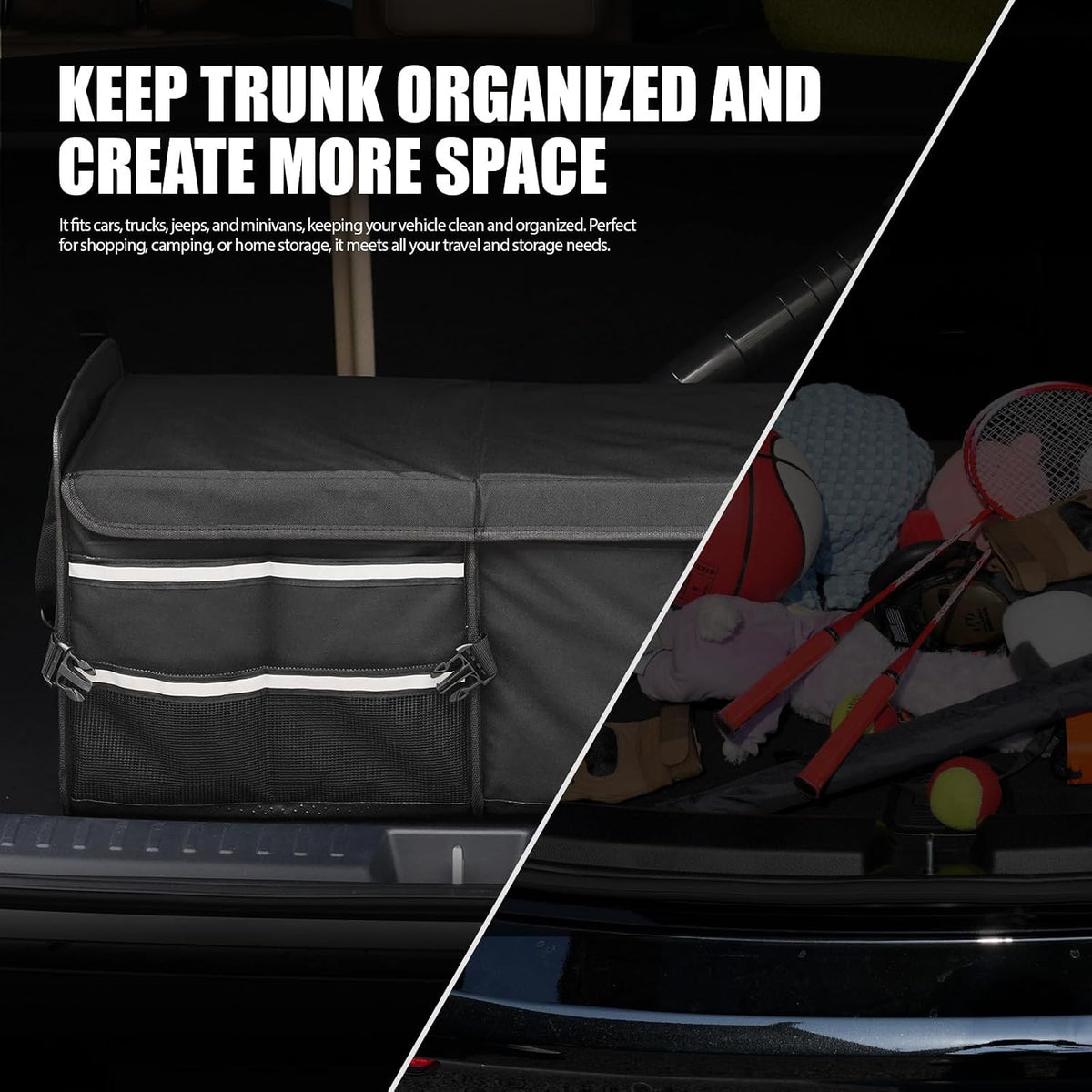 LIBZAKI Car Trunk Storage Organizer, Multi Compartment Collapsible Trunk Storage Box for Car Truck SUV-Black