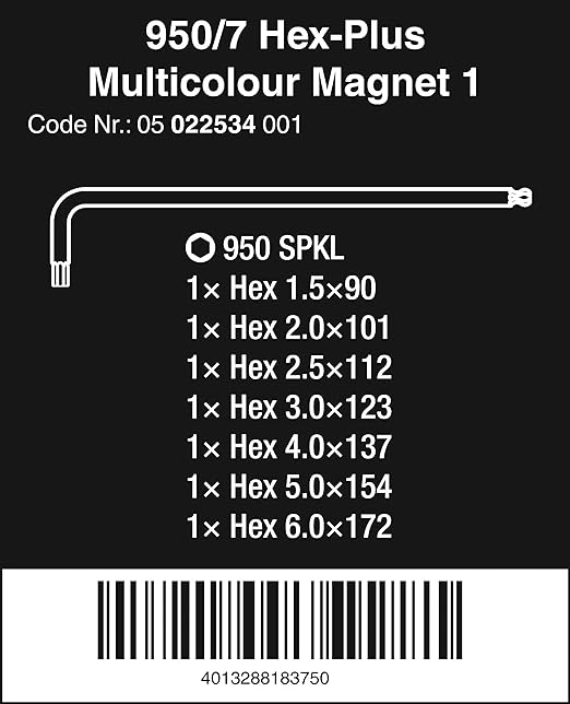 Wera 05022534001 950/7 Hex-Plus Multicolour Magnet 1 L-key set, metric, BlackLaser, 7 pieces