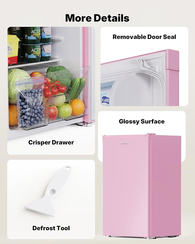 Upstreman 3.2 Cu.Ft Mini Fridge with Freezer, Pink-BR321 | Adjustable Thermostat, Energy Saving, Low Noise, Reversible Door, Small Refrigerator for Dorm, Bedroom, Office