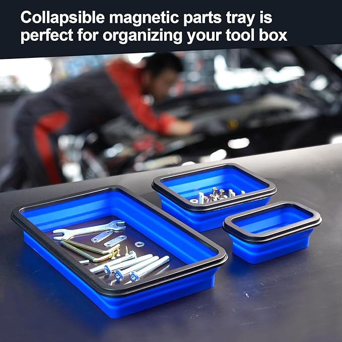 Collapsible Magnetic Parts Tray Set Foldable Magnetic Tray 3 Different Size Silicone Tool Trays for Screw, Bolts,Nuts,with Magnetic Base Stores and Organizes Small Parts and Tools