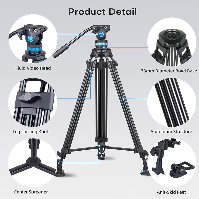 SIRUI AM-25S Video Tripod, 74.8" Professional Heavy Duty Tripod