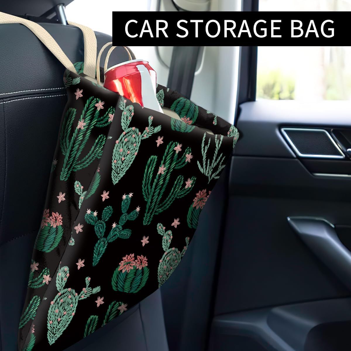 Car Trash Can, Cute Car Trash Bag, Hanging Car Organizer and Storage Bag, Trash Bin for Car Accessories, Vehicle, Travelling, Camping Cute Cactus