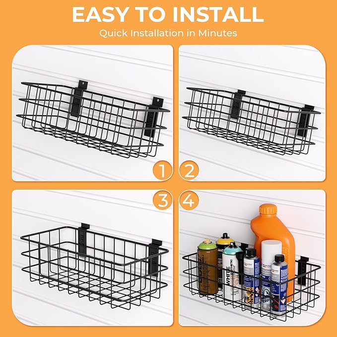 INCLY 30PCS Slatwall Accessories Set, Includes 4 Pack Ventilated Metal Wire Slatwall Baskets and 26PCS Multisized Heavy Duty Slatwall Hooks for Garage Organization Rooms Workshop Storage