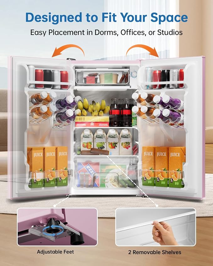 3.2 Cu Ft Mini Fridge with Freezer, Single Door Upright Freezer | Energy Efficient, Large Capacity, Reversible Door, ETL Certified, Small Refrigerator for Bedroom, Office & Dorm, Pink