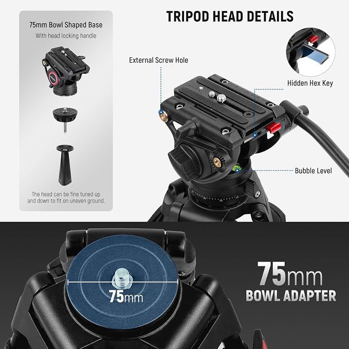 NEEWER 74" Video Tripod with Fluid Head & Damping Control, Aluminum Heavy Duty