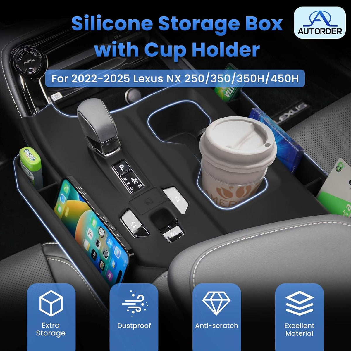 Autorder Silicone Center Console Organizer&Cup Holder for 2022-2025 2026 NX 250/350/350H/450H Accessories Seat Gap Storage Box with Cup Holder Insert Tray Anti-Scratch Gear Shift Panel Trim Cover