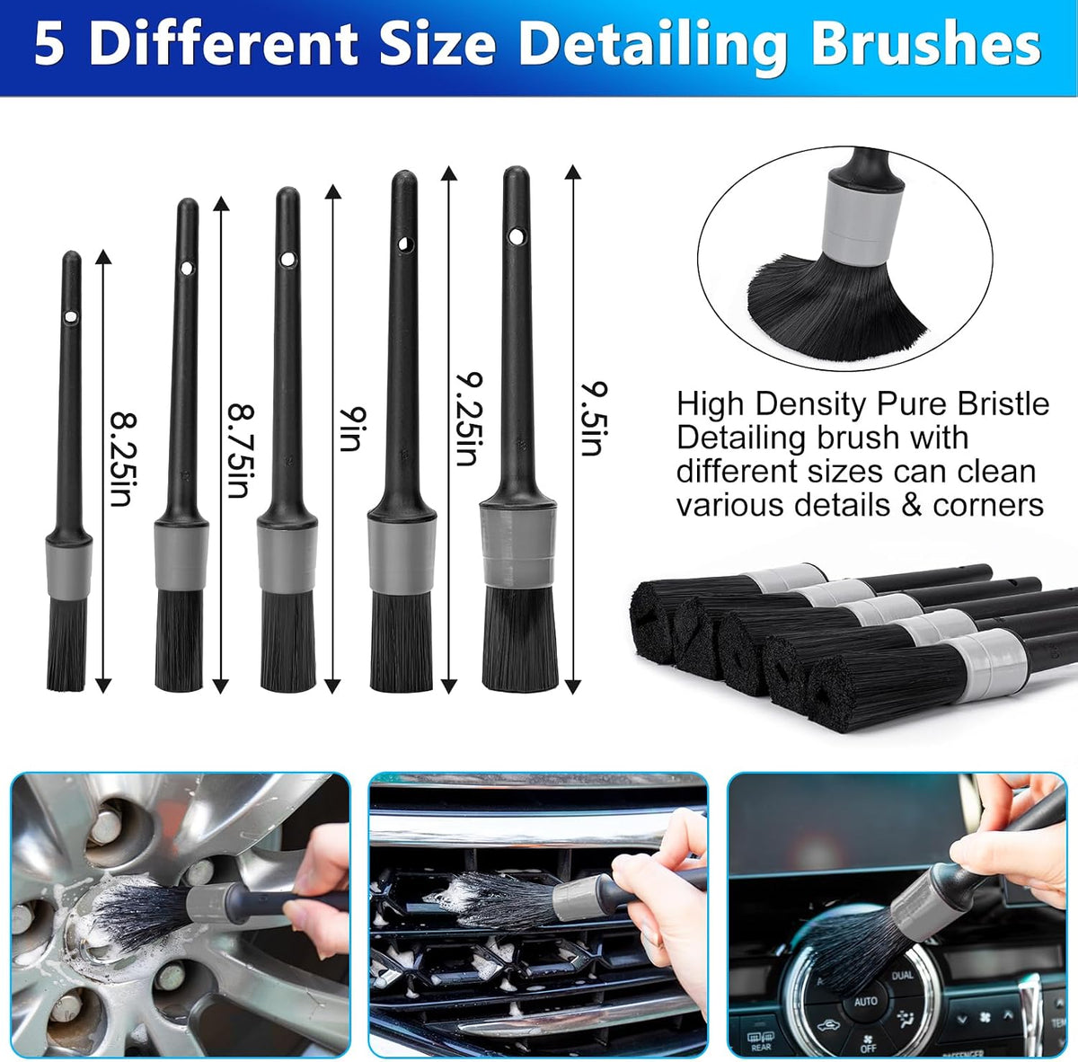 THINKWORK Car Wash Kit, 62'' Car Washing Brush with Long Handle, Extendable Car Wash Brush Mop with 2-in-1 Windshield Squeegee and 9Pcs Detailing Brushes, Gray Car Detailing Kit Gift for Men