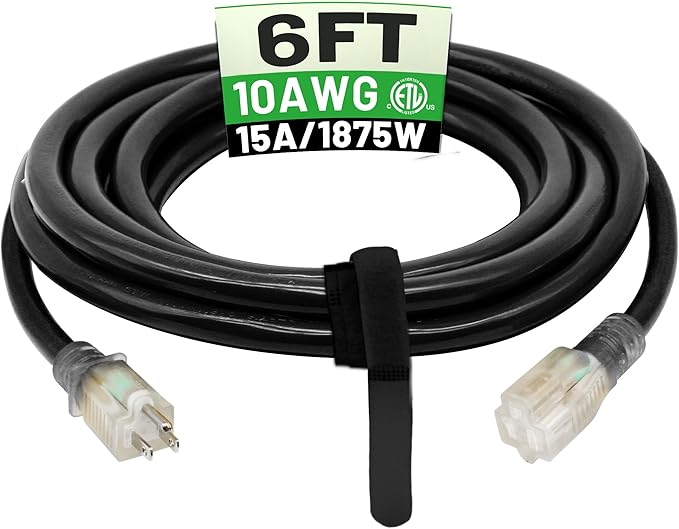 POWGRN 6 Ft 10AWG Black Outdoor Extension Cord Waterproof Heavy Duty 10 Gauge 3 Prong, Flexible Cold-Resistant Power Cord Indoor & Outside with Lighted Indicator End, 15Amp 1875W SJTW ETL Listed