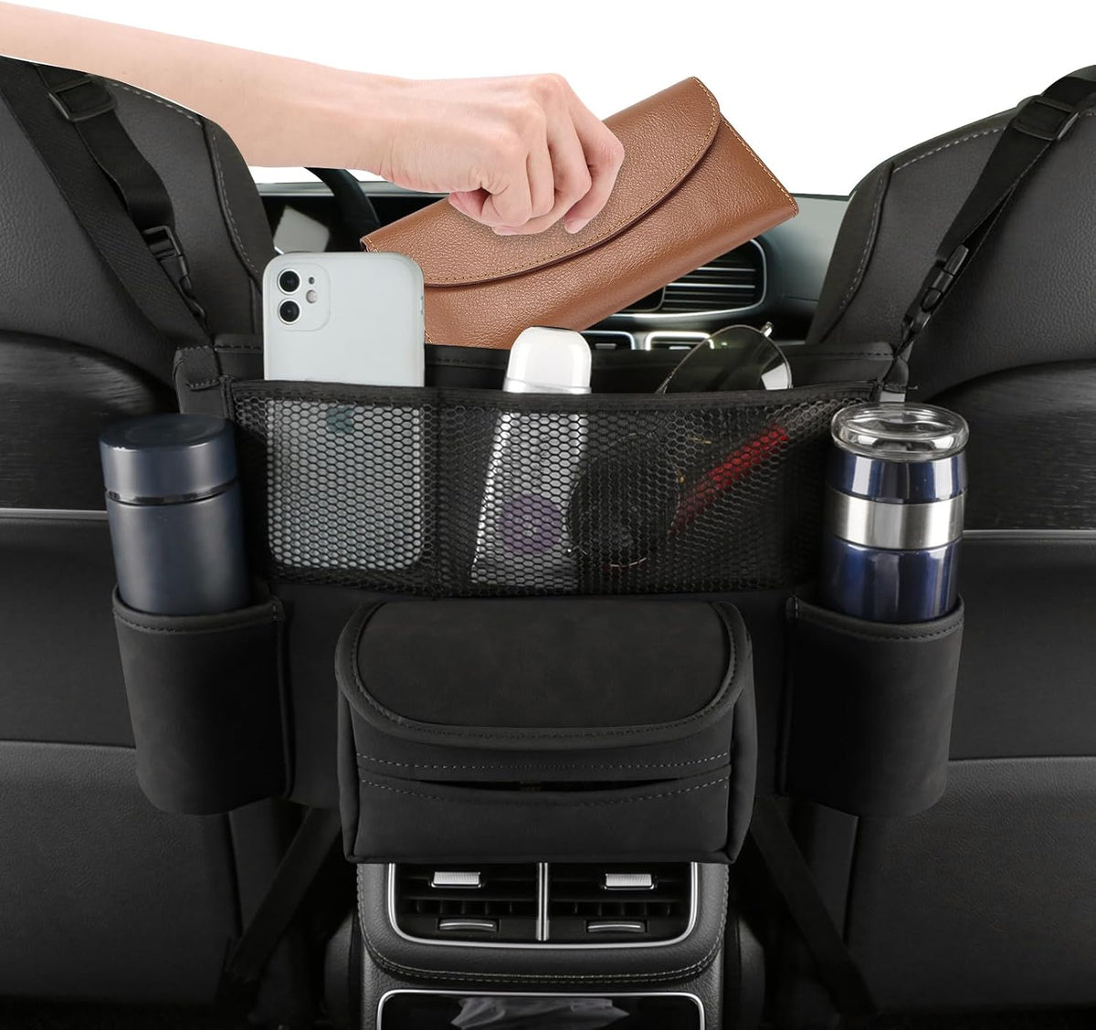 Leather Car Seat Organizer for Handbag/Purse – Fits Between Front Seats, Holds Wallet, Phone & Essentials. (Modle A/Black)