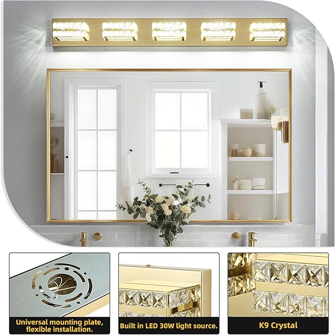 OKELI Crystal Vanity Lights LED Bathroom Vanity Light Fixture Over Mirror Modern Indoor Lamp, 6000K Cold White Dimmable, 5-Lights, 32W, ETL Listed