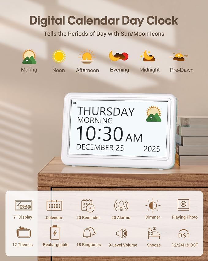 Digital Clock with Date and Day of Week, Dementia Clocks Battery Operated Alarm