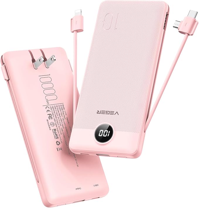 VEGER Portable Charger with Built-in AC Plug and Cables, All in One 10000mAh Ultra Slim Power Bank Travel Essentials, Fast Charging Battery Pack Compatible with iPhone, Samsung, Android (Crepe)