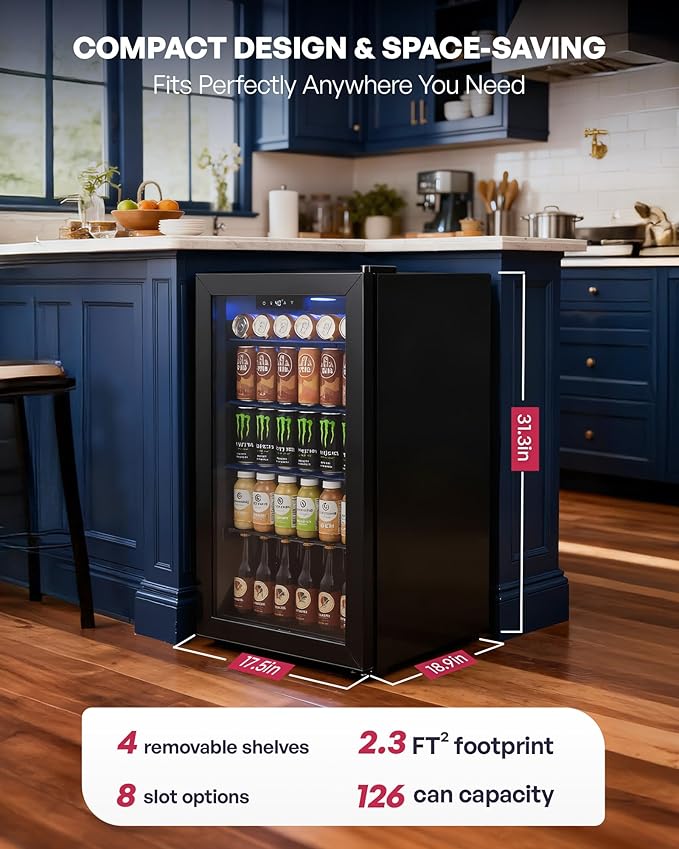 Beverage Refrigerator Cooler, 126 Can Mini Fridge with Glass Door for Wine, Soda Beer, Beverage Cooler for Home, Bar, Office with Adjustable Removable Shelves, Black