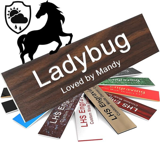 Horse Stall Name Plate, 2x10 Personalized Stall Signs, UV Protected, All Weather Adhesive, Hanging, Mounting or Other, Teak Plastic White Letters - Made in USA - N7