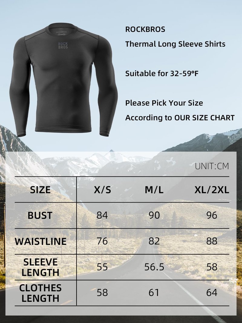 ROCKBROS Cycling Thermal Long Sleeve Shirts Men Wicking Compression Fleece Undershirt Base Layer for Ski Workout Black
