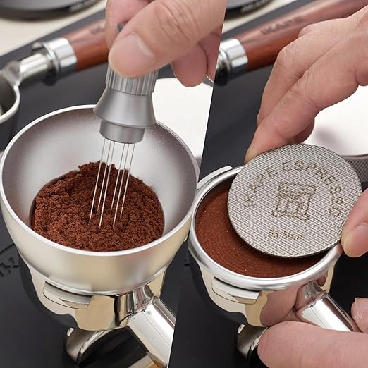 IKAPE Dosing Funnel Set, 53mm Espresso Dosing Ring & Puck Screen Kit Compatible with 53 mm Bottomless Portafilter Silver