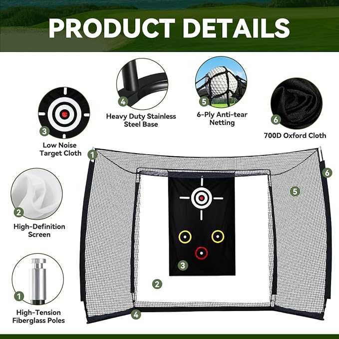 Golf Net with Simulator Impact Screen and Target Cloth, 10x8ft Golf Practice Net for Backyard, Portable Heavy Duty Golf Hitting Net for Outdoor Indoor