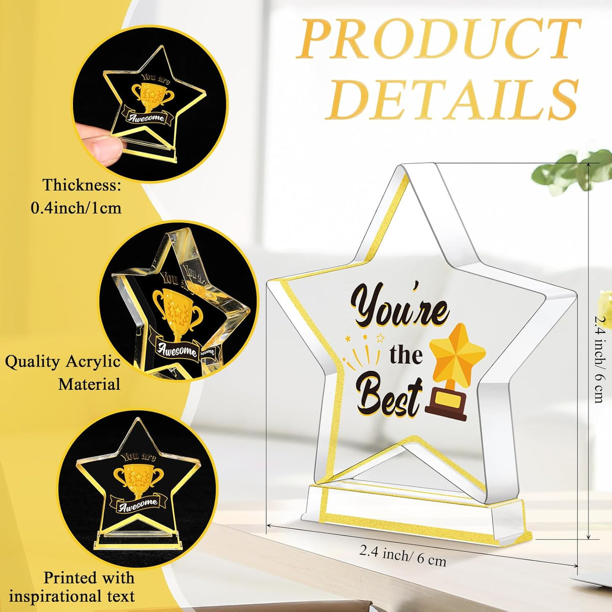 Treela Employee Appreciation Awards - 6 Pcs Acrylic Trophies for Recognition | Gold Small Star