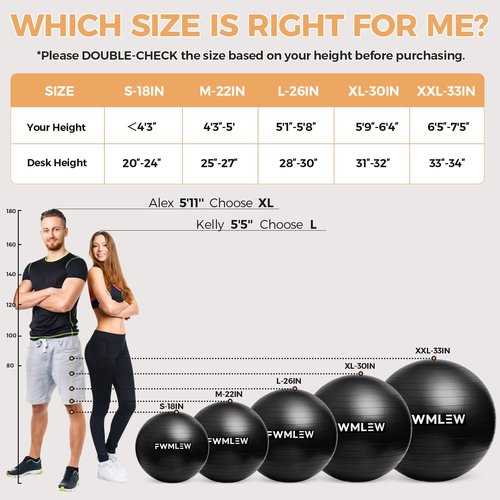 FWMLEW Extra Thick Exercise Yoga Ball, 5-Size Anti-Burst Heavy Duty Stability Gym Ball for Fitness, Core Workout, Pregnancy & Office Chair, Includes Quick Pump (L(23-26ines/58-65cm))