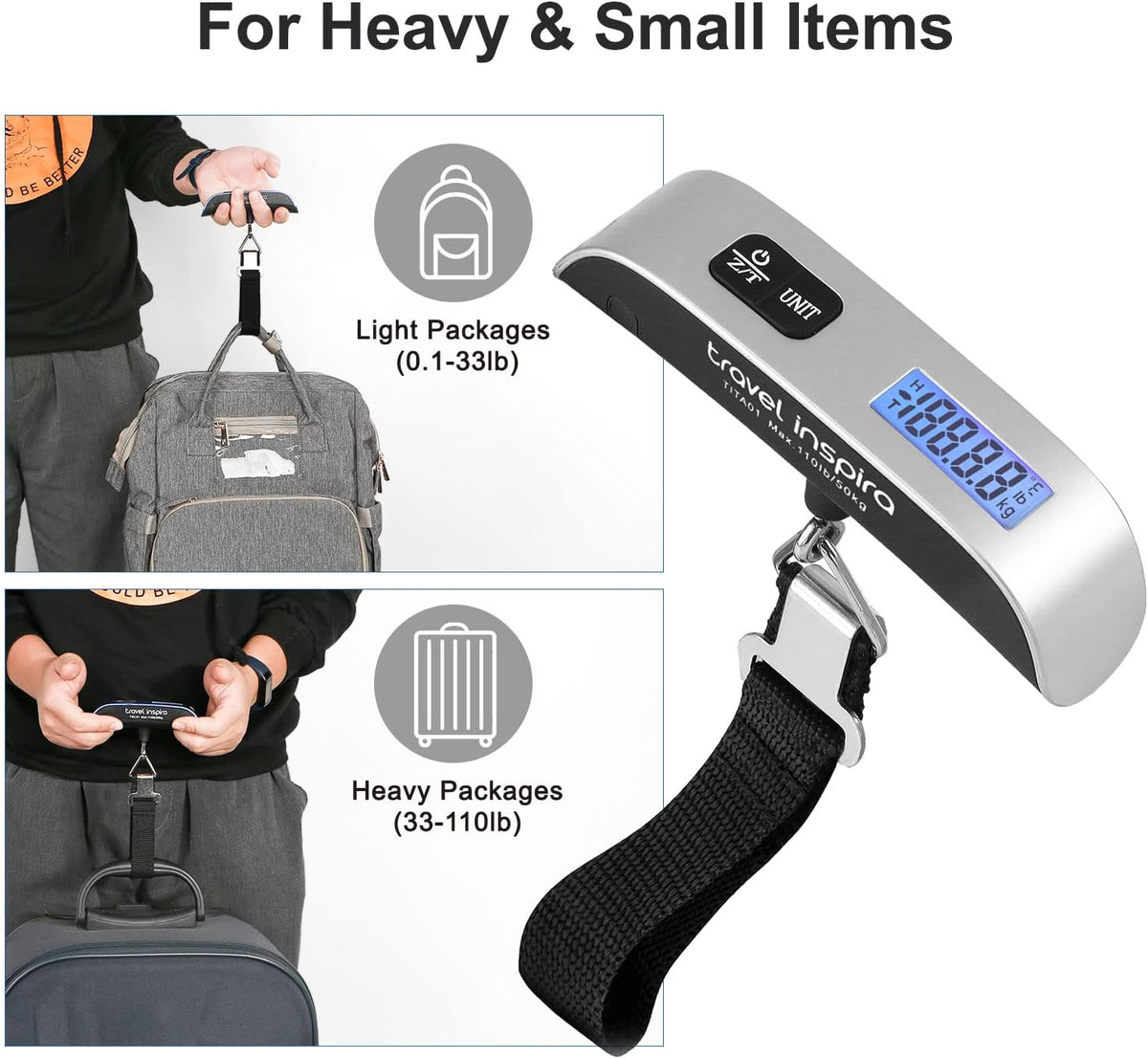 Travel Inspira Luggage Scale - Portable Digital Hanging Baggage Scale Up to 110 lbs | Battery Included