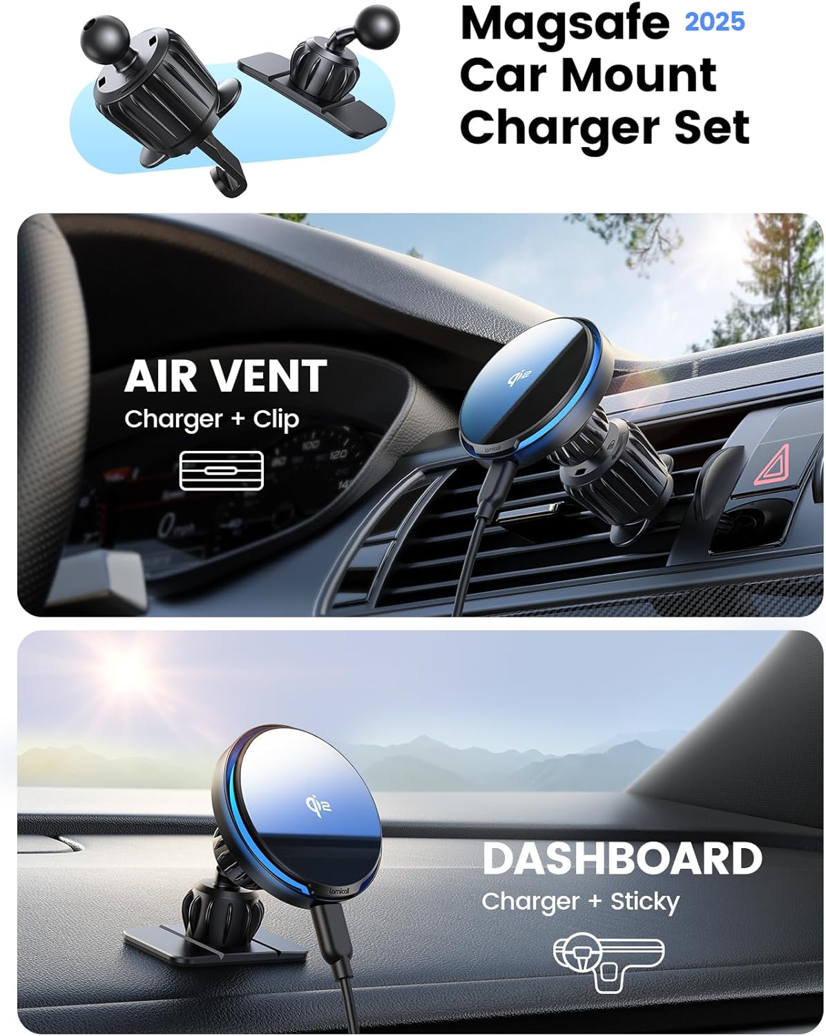 Lamicall 15W for QI2 Magsafe Car Mount Charger Vent Dashboard RGB LED 360°
