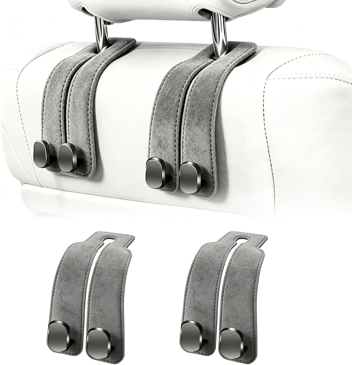 Amelity Car Headrest Hooks, Purse Hook for Car 4 Pack Gray | Universal Car Interior Accessories for Women, Available in 2/4 Pack, Storage Hanger Holds Purses, Backpacks, Grocery Bags