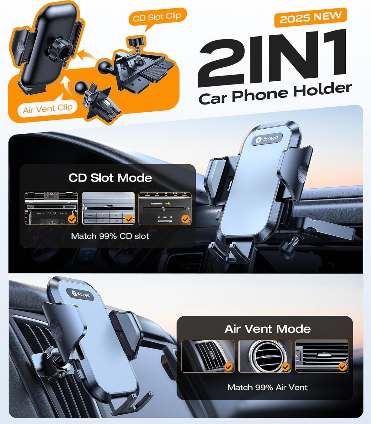 VICSEED Car Phone Holder with Metal CD Slot & Air Vent Clip [Secure Hold]