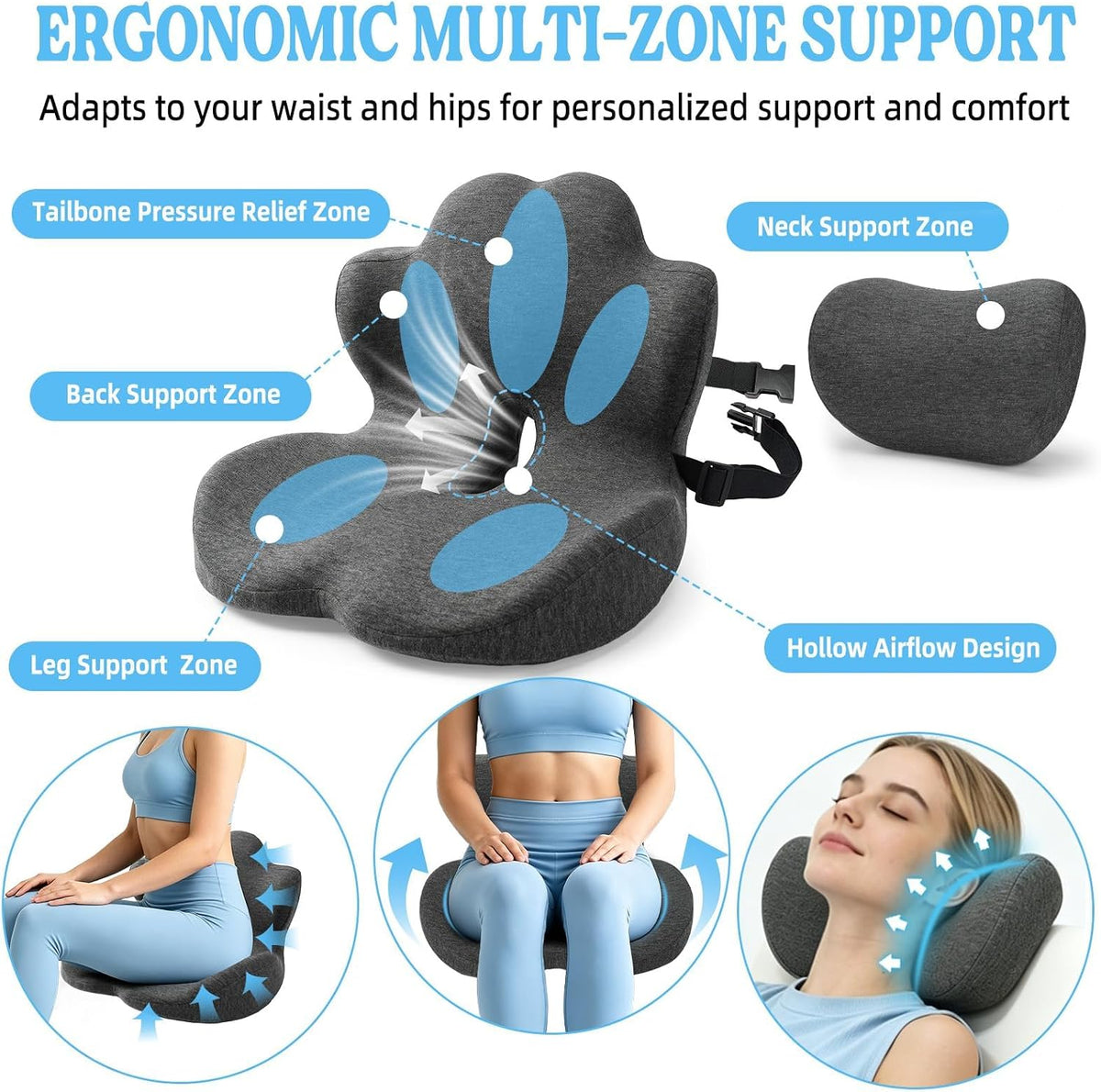 3-in-1 Memory Foam Seat Cushion and Headrest Pillow with Lumbar Support