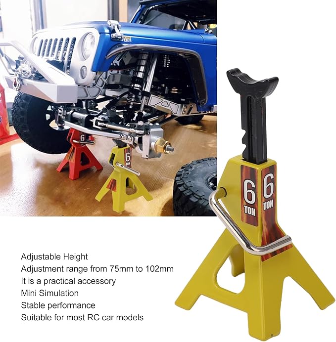 Simulation Jack Stand 75mm~102mm Adjustable Height RC Jack Stand Climbing Car Simulation Decorative Accessory Mini Lifting Jack for SCX10 D90 1/10 RC Car(Yellow)