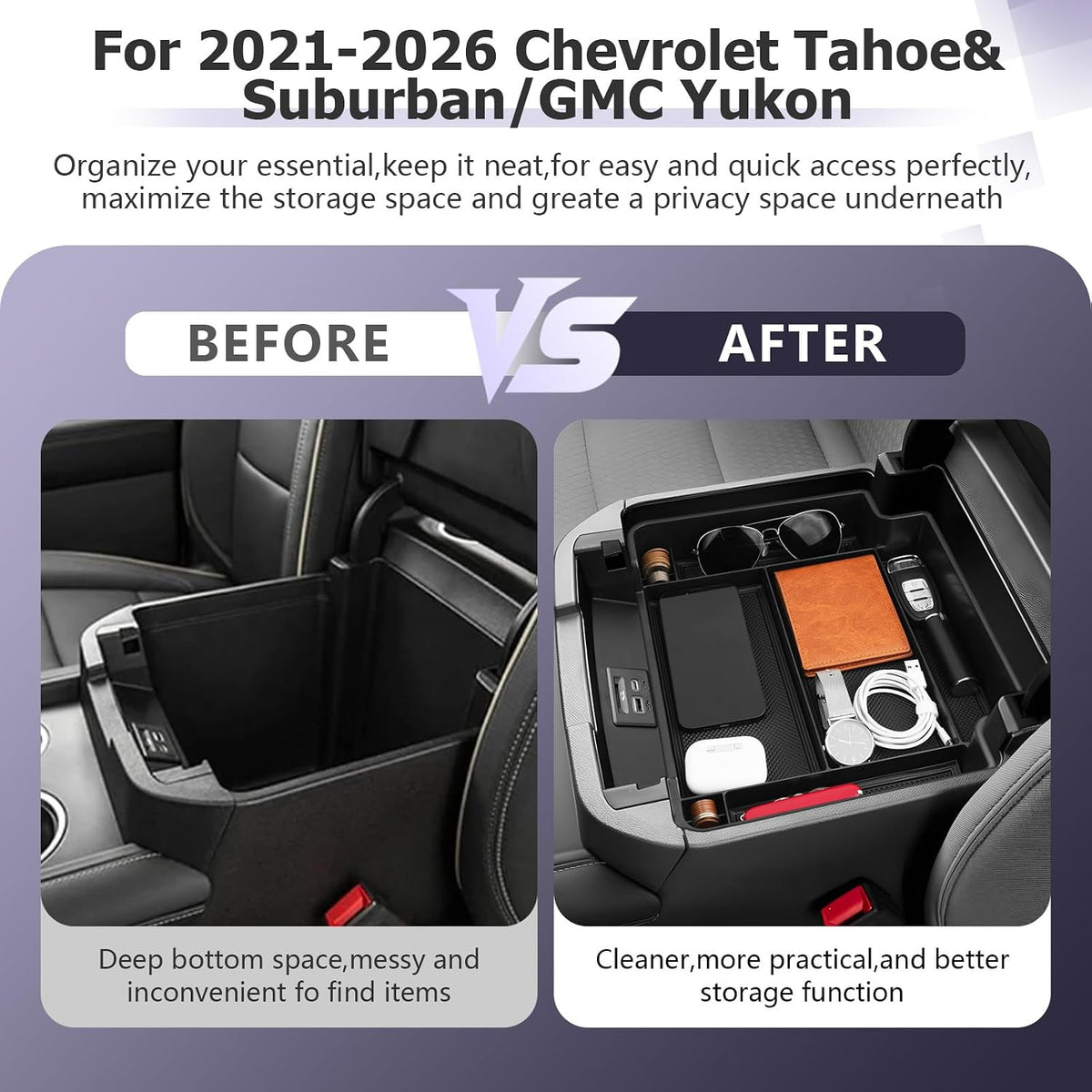 LUWU Console Organizer for 2021-2026 Tahoe & Suburban/GMC Yukon Accessories(ONLY for Standard Console w/Charging Socket) - NOT for Power Sliding Console Center Console Organizer Tray ABS Materials