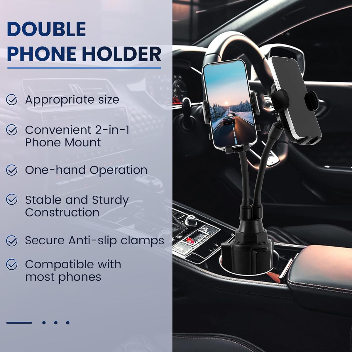 DaisyInner Dual Phone Car Mount Cup Holder 360° Rotatable 2.6"-4.3"
