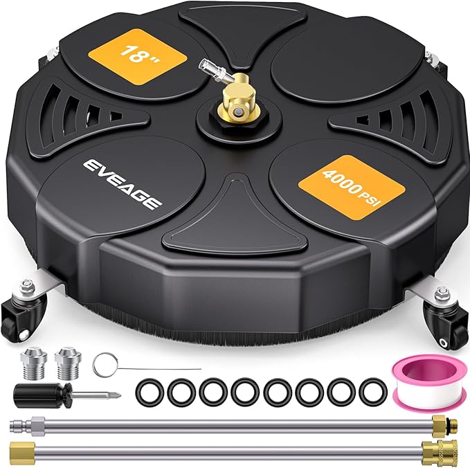 EVEAGE 18 Inch Large Size Pressure Washer Surface Cleaner Attachment with Wheels, 4000 PSI Power Washer Accessory with 1/4" Quick-Connect,2 Extension Wand for Driveways Sidewalks Patios Cleaning