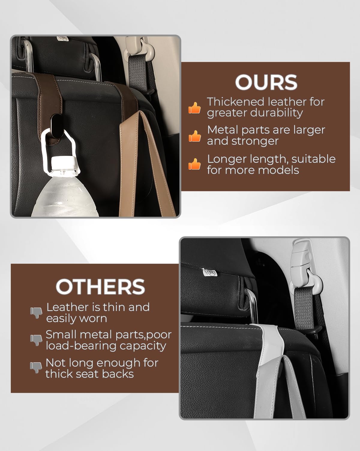 4 Pcs Car Headrest Hooks, Heavy-Duty PU Leather & Stainless Steel Car Seat Organizer for Purses & Bags, Supports Up to 44 lbs