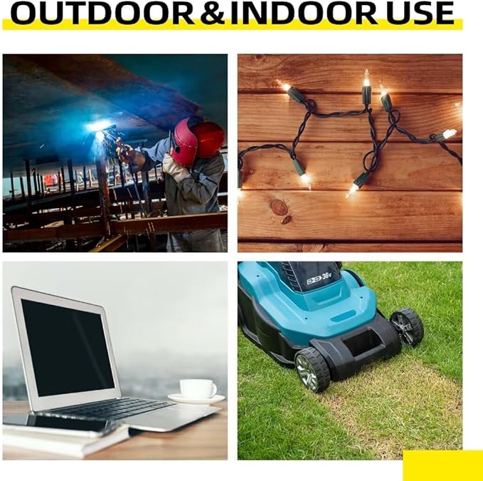 50 Ft Lighted Outdoor Extension Cord with 3 Electrical Power Outlets - 12/3 SJTW Heavy Duty Yellow Extension Cable with 3 Prong Grounded Plug for Safety, UL Listed