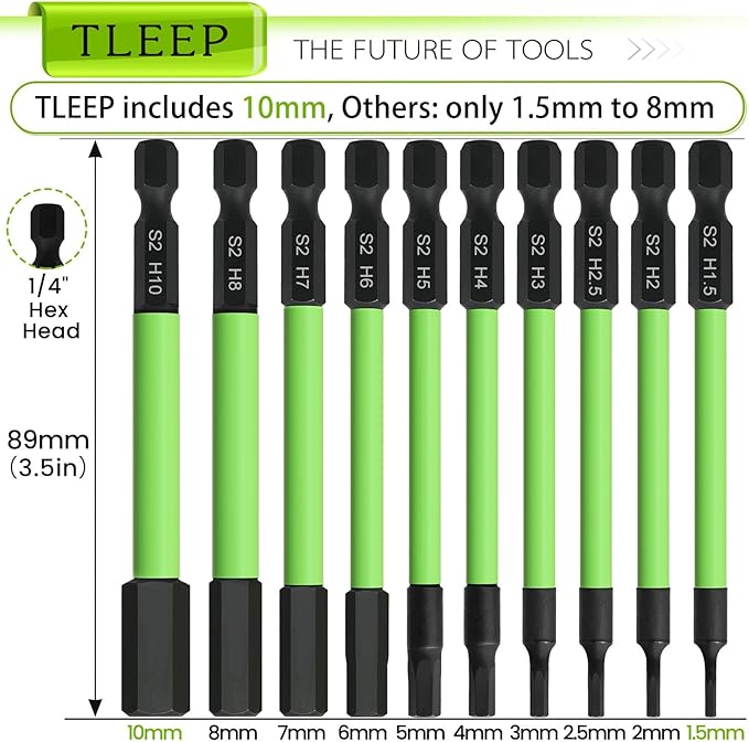 3.5" Long 1/4" Hex Head Allen Wrench Drill Bits + Quick Change Bit Driver, Metric 1.5MM to 10MM Impact Driver Bit Set, Magnetic Tips Magnetic Screwdriver Bits Hex Drill Bit Set, S2 Steel