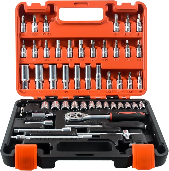 53 Pieces Socket Wrench Set Drive Socket Set with 1/4 Inch Ratcheting Wrench Plastic Toolbox Storage Case for Automotive Repair And Home Use