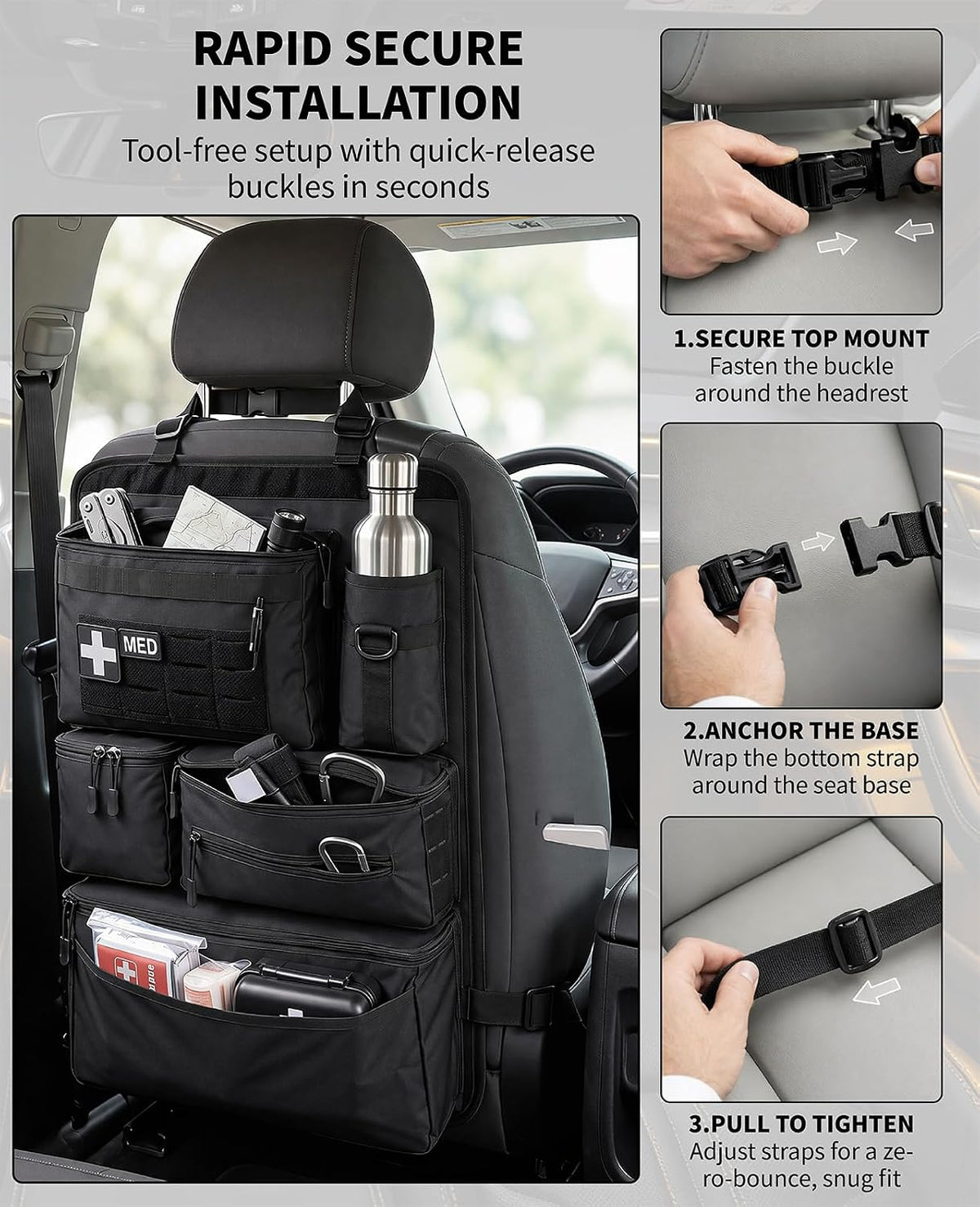 Tactical Car Seat Back Organizer, Heavy Duty Molle Truck Storage
