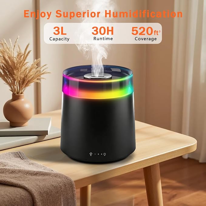 Humidifiers for Bedroom Home,3L Top Fill Cool Mist Humidifier for Baby Nursery,Essential Oil Diffuser for Large Room,3 in 1 Quiet Ultrasonic Humidifier for,Office,Plant,Nursery,BPA FREE(Black)