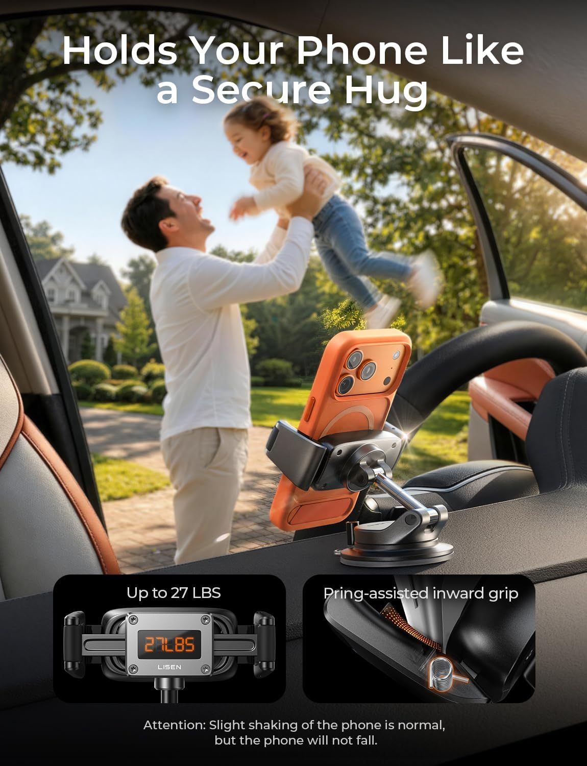 LISEN Suction Phone Mount for Car, [Ultra Suction & Less Fuss] Car Phone Holder Mount Vacuum Dashboard Phone Holder, Car Cell Phone Holder for iPhone 17 16 15 14 Pro Max Air with Case Galaxy S26 S25