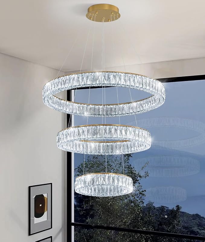 HAIXIANG Modern Glam Chandelier Crystal LED Remote Rings Chandelier Adjustable
