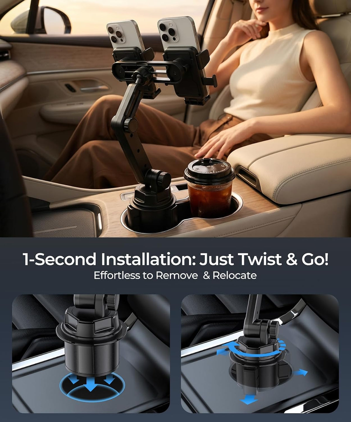 Dual Cup Holder Phone Mount for Car, 360° Adjustable Fits Two Phones