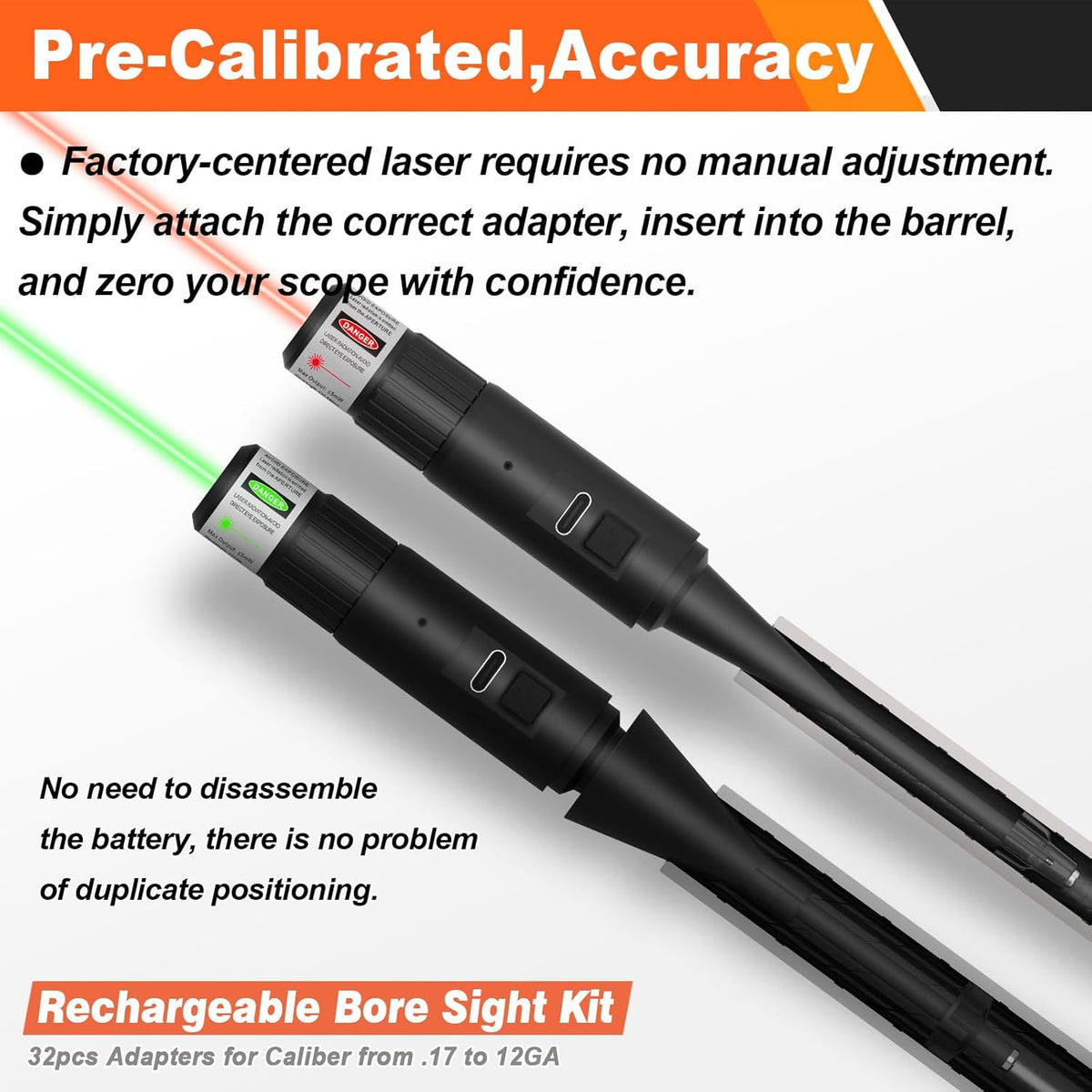 Upgraded Bore Sight Laser by [Brand Name] - Rechargeable Green/Red Laser with 32 Adapter Kit | Fits .17 to 12GA Calibers