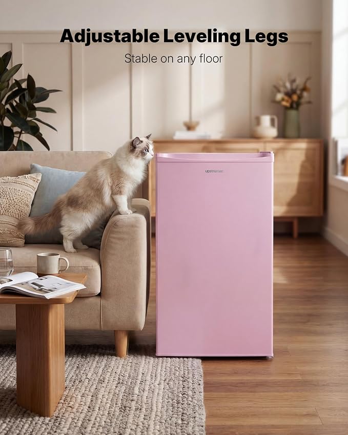 Upstreman 3.2 Cu.Ft Mini Fridge with Freezer, Pink-BR321 | Adjustable Thermostat, Energy Saving, Low Noise, Reversible Door, Small Refrigerator for Dorm, Bedroom, Office